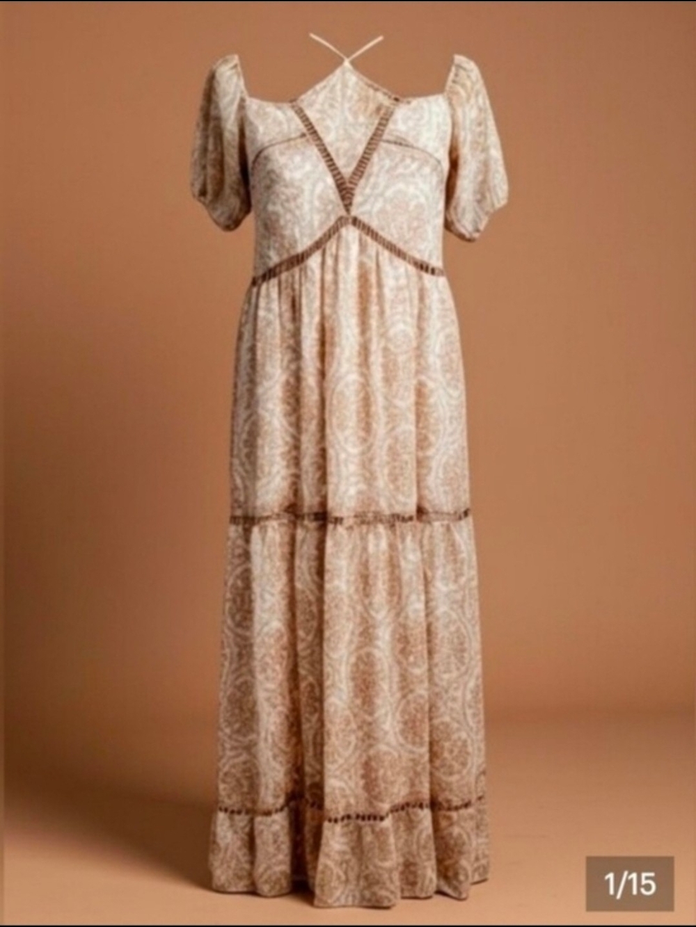 Boho Cream Paisley Maxi Dress Puff Sleeves-NWOT - Picture 2 of 11